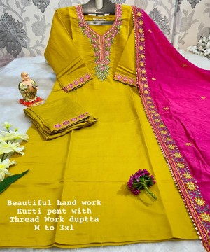 Designer handwork beautiful pure heavt muslin yellow kurti pant dupatta